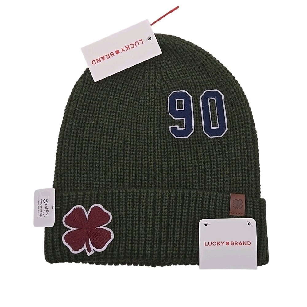 Lucky Brand Rifle Green Knit Beanie OS Patch Clover NWT‎ Shamrock 90 Embroidery